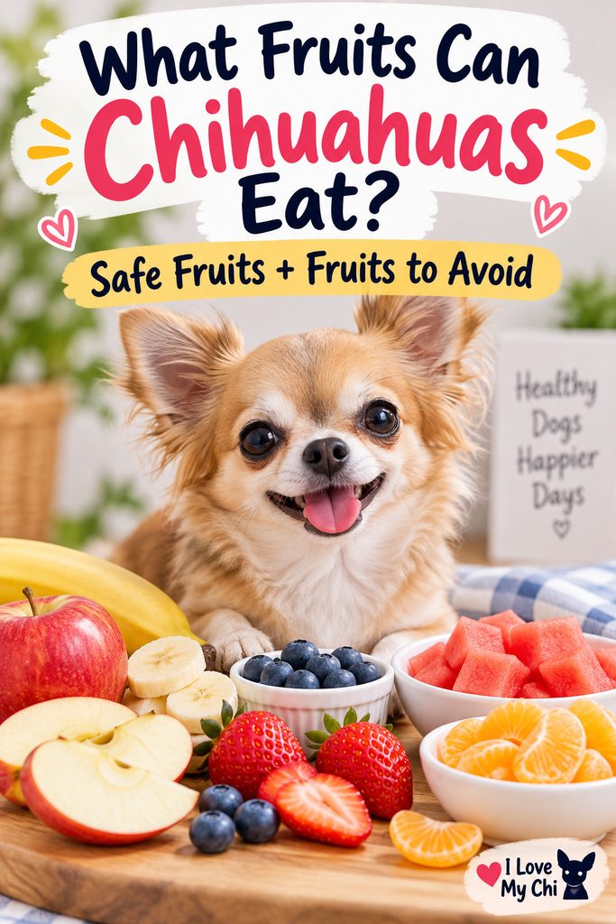 Pinterest graphic featuring a happy long-haired Chihuahua surrounded by apples, bananas, blueberries, strawberries, watermelon, and oranges, with the text “What Fruits Can Chihuahuas Eat? Safe Fruits + Fruits to Avoid” and the I Love My Chi logo.