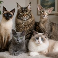Different breeds of cats together.