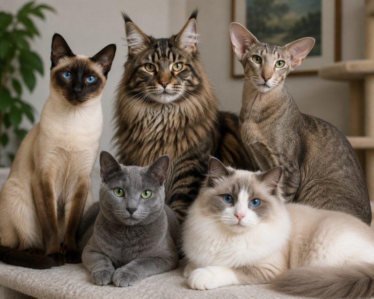 Different breeds of cats together.