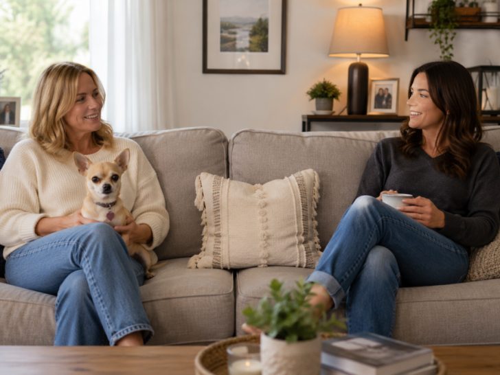 Two women sit comfortably apart on a cozy living room couch, smiling at each other while one holds a small tan Chihuahua on her lap. The bright, welcoming room features soft neutral d&eacute;cor, decorative pillows, houseplants, and warm lighting, creating a relaxed and friendly atmosphere.