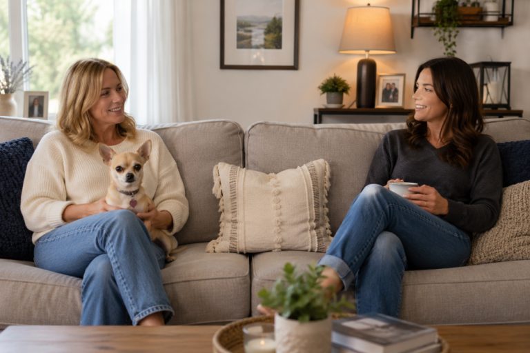 Two women sit comfortably apart on a cozy living room couch, smiling at each other while one holds a small tan Chihuahua on her lap. The bright, welcoming room features soft neutral décor, decorative pillows, houseplants, and warm lighting, creating a relaxed and friendly atmosphere.