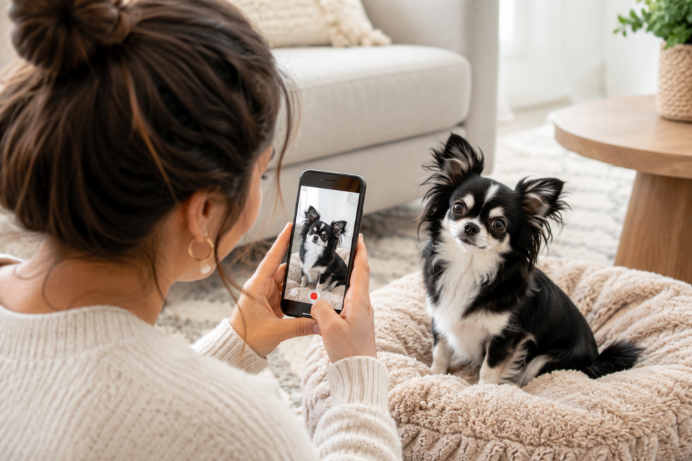 A woman uses her smartphone to film a cute black-and-white long-haired Chihuahua sitting on a fluffy dog bed in a bright living room. The Chihuahua looks curiously toward the camera while its image appears on the phone screen, illustrating the creation of engaging pet content for social media.