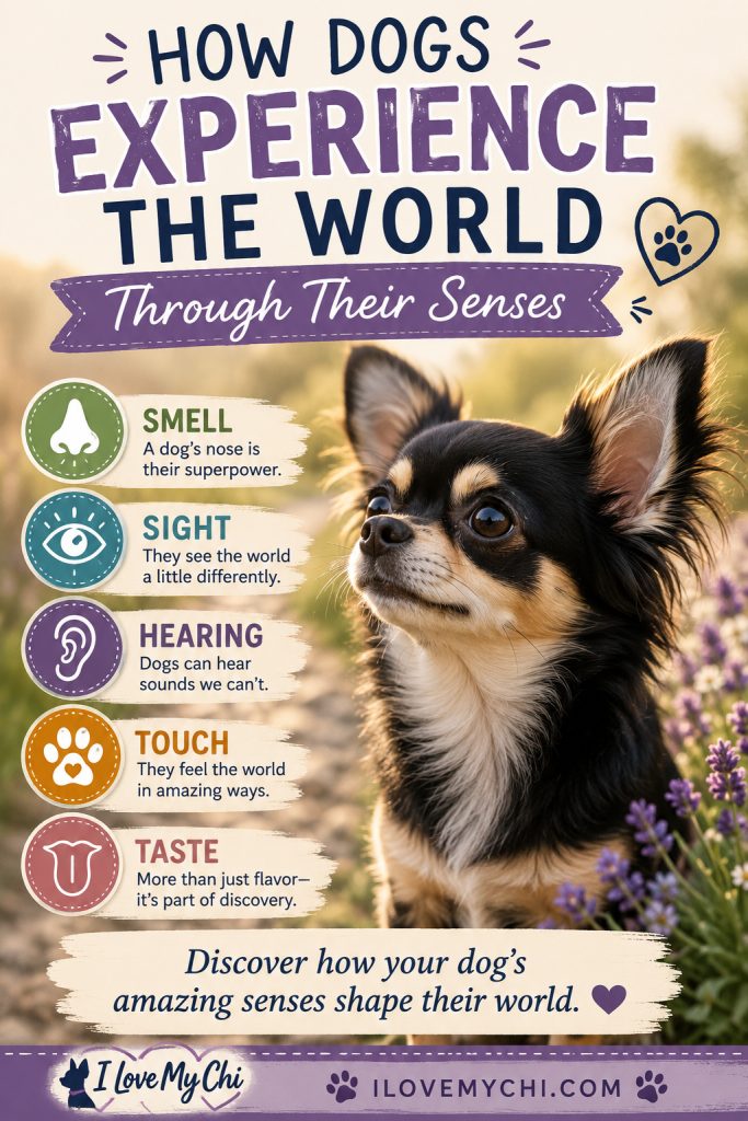 Pinterest graphic featuring a black and tan long-haired Chihuahua with icons for smell, sight, hearing, touch, and taste, illustrating how dogs experience the world through their senses.