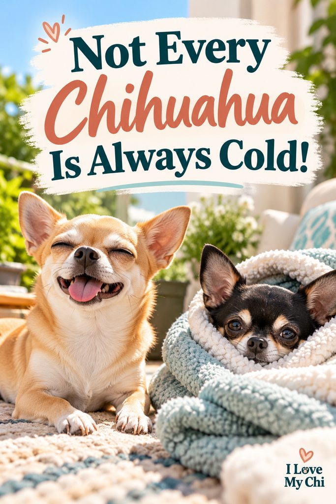 Two adorable Chihuahuas relaxing together, one tan Chihuahua enjoying the sunshine and one black and tan Chihuahua snuggled in a cozy blanket, with the text “Not Every Chihuahua Is Always Cold!” and the I Love My Chi logo.