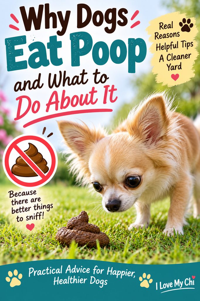 Pinterest graphic showing a Chihuahua sniffing poop on the grass with the title &ldquo;Why Dogs Eat Poop and What to Do About It&rdquo; and tips for stopping the behavior.