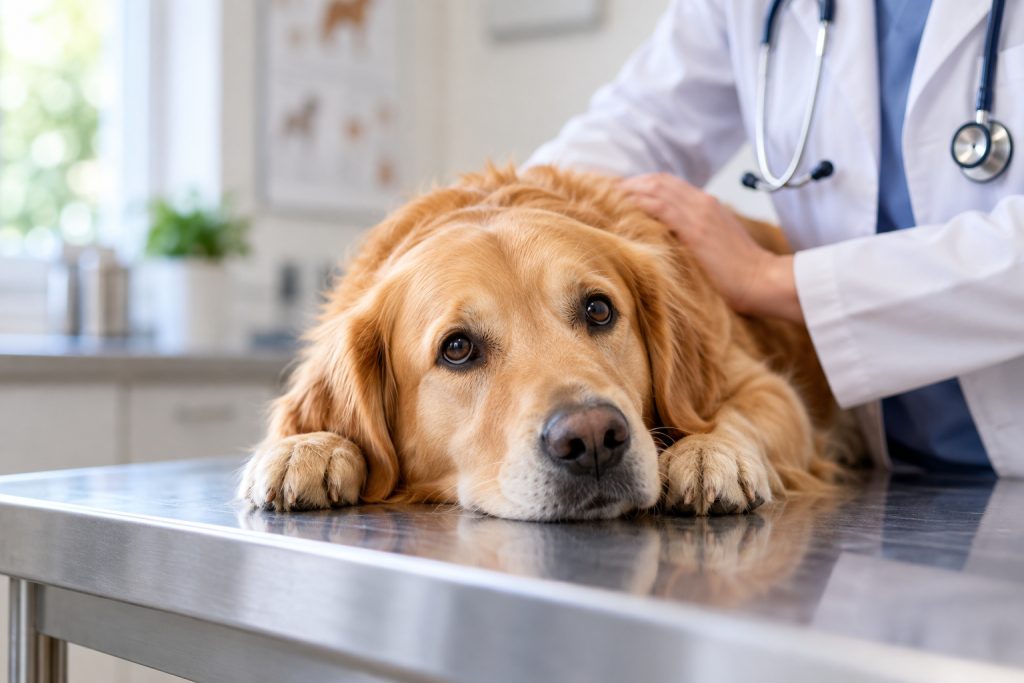 Golden Retriever being checked by a vet.