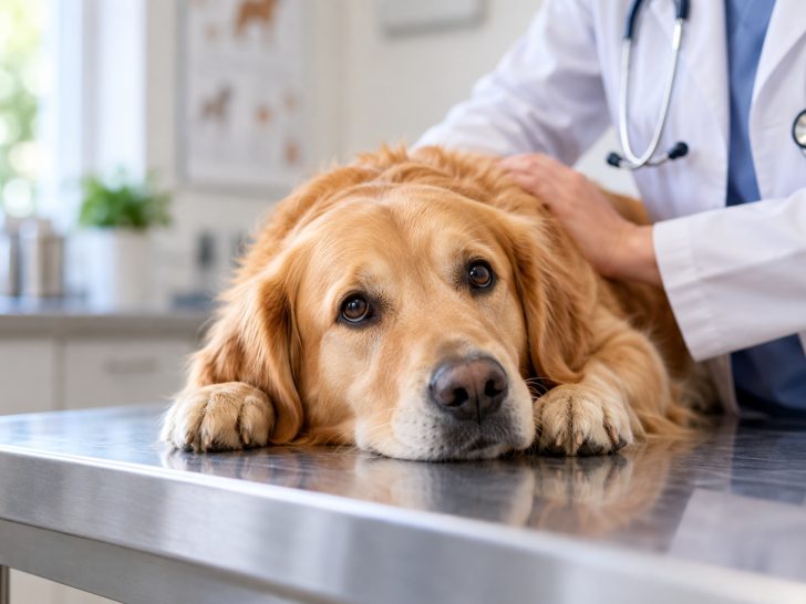 Golden Retriever being checked by a vet.