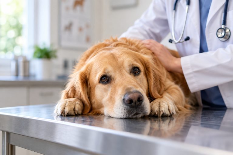 Golden Retriever being checked by a vet.